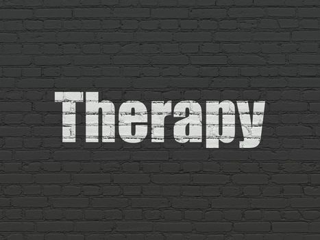 Medicine concept: Painted white text Therapy on Black Brick wall background