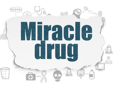 Health concept: Painted blue text Miracle Drug on Torn Paper background with Scheme Of Hand Drawn Medicine Icons