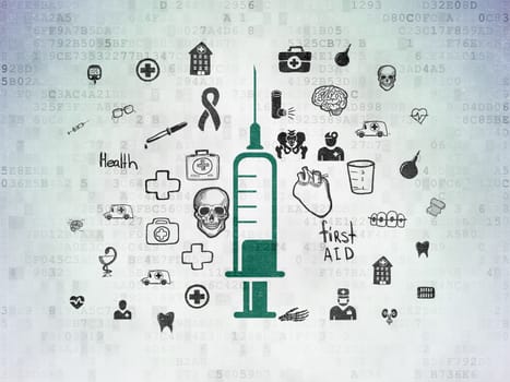 Healthcare concept: Painted green Syringe icon on Digital Paper background with  Hand Drawn Medicine Icons