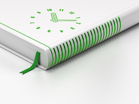 Timeline concept: closed book with Green Clock icon on floor, white background, 3d render