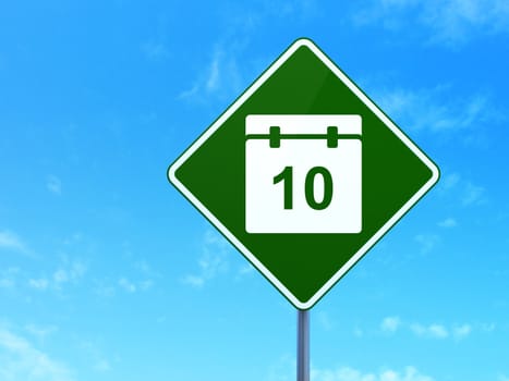 Timeline concept: Calendar on green road (highway) sign, clear blue sky background, 3d render