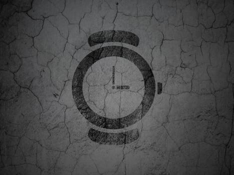 Time concept: Black Hand Watch on grunge textured concrete wall background