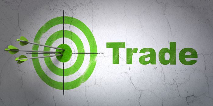 Success business concept: arrows hitting the center of target, Green Trade on wall background