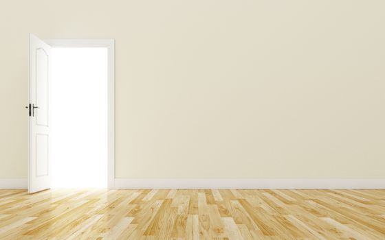Opened White Door on brown Wall, Wood Floor