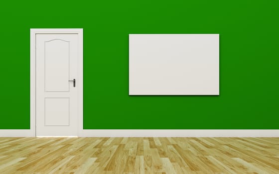 Closed White Door on Green Wall , One blank poster , Wood Floor