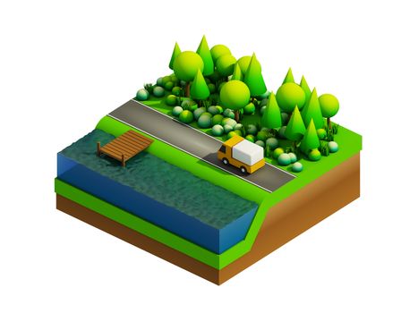  isometric city buildings, landscape, Road and river