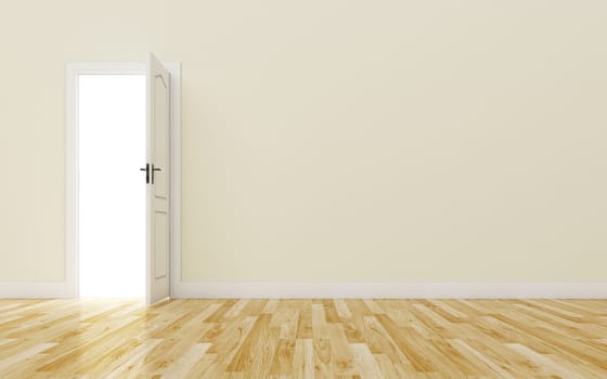 Opened White Door on brown Wall, Wood Floor