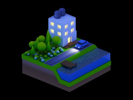  isometric city buildings, landscape, Road and river, night scene
