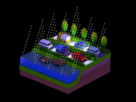  isometric city buildings, landscape, Road and river, night scene, raining