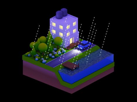  isometric city buildings, landscape, Road and river, night scene, raining