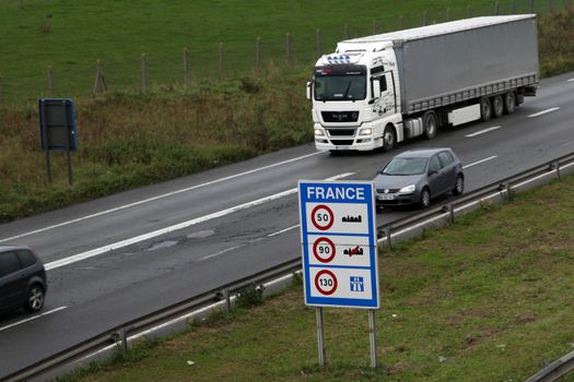 FRANCE, Halluin: Belgium-France border is seen on a highway in Halluin, northern France, on November 6, 2015, as French Interior Minister Bernard Cazeneuve announced that France will reinstate controls on its borders for a month as part of larger security measures around the Nov. 30-Dec. 11 major U.N. climate conference COP21, in Paris. French authorities are on alert for violent protesters as well as potential terror attacks.