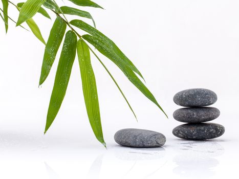 The stacked of Stones spa treatment scene and bamboo leaves with raindrop zen like concepts.