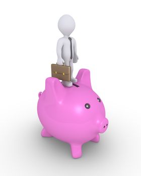 Businessman is standing on top of a pig money box