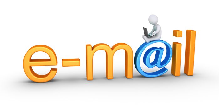Person using a laptop is sitting on top of an e-mail word