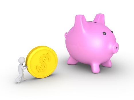 Businessman is pushing a big dollar coin towards a pig money box