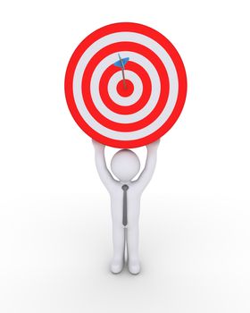Businessman holding high a target with an arrow at the center