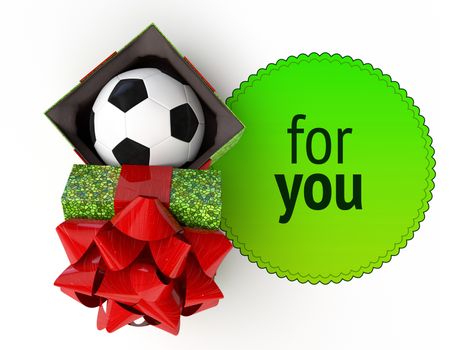 square green presentation on a white background isolated with empty gradient label for place additional companion text. soccer ball inside mosaic gift box opened lid cover with tied bow-knot top view