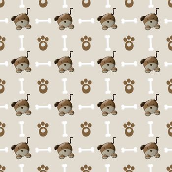 Seamless colorful dog pattern with paw and bone.