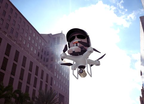 Policedrone Flying Through City Street. 3D Character Illustration. 