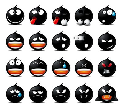Set of black rounded icons in different emotions and moods.