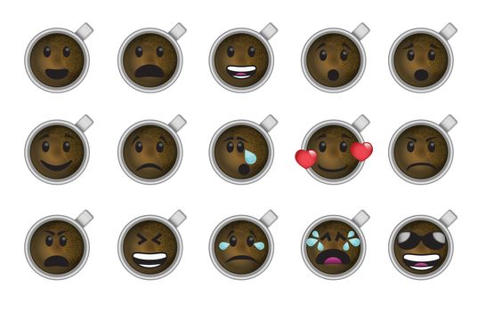 Set of smiley coffee cup icons in different emotions and moods.