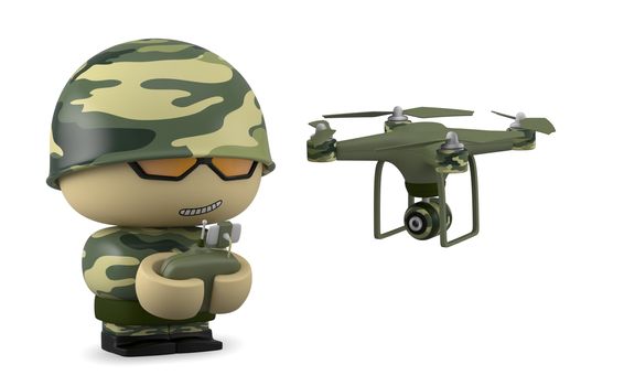 3D Cartoon character. Soldier operating a drone with remote control. Isolated on white background with clipping path.