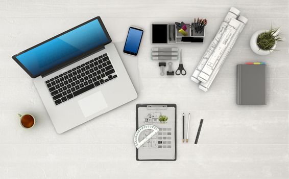 Home based business concept - Design of modern architect workspace. 3D Render