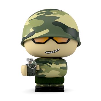 3D Cartoon character. Soldier holding a hand grenade isolated on white background with clipping path.