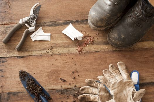 Gardening still life with old boots, secateurs, trowel and gloves displayed in the corners on a rustic wood background