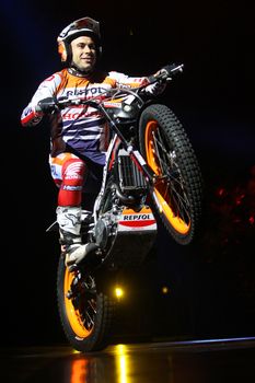 FRANCE, Strasbourg: Many times indoor and outdoor world champion Toni Bou (L) is pictured during Trial Indoor International show in Strasbourg, eastern France on November 6, 2015.