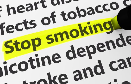 Health disease concept with a close-up 3d rendering of stop smoking text highlighted with yellow 
marker.