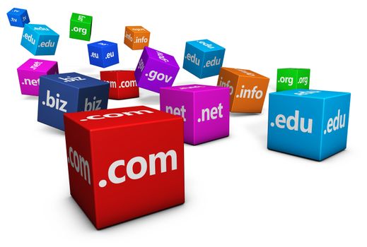 Website and Internet domain names web concept with domains sign and text on colorful cubes isolated on white background.