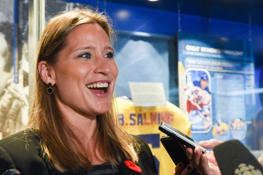 CANADA, Toronto: Angela Ruggiero is interviewed by media at the Hockey Hall of Fame induction ceremony on November 6, 2015.  Sergei Federov, Chris Pronger, Niklas Lidstrom, Phil Housley, Angela Ruggiero, Bill Hay and Peter Karamanos Jr. were the seven inductees honoured at the Hockey Hall of Fame and Museum. 