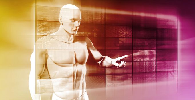 Businessman Navigating Network on Futuristic Touchscreen
