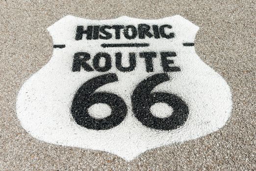 Historic Route 66 sign on forecourt of Texaco garage restored at Dwight, Illinois, USA.dng