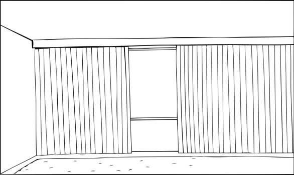 Cartoon outline of room with half open vertical blinds