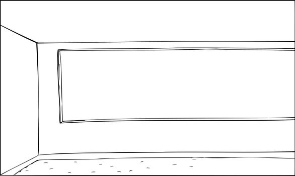 Outline cartoon of large room with wide window