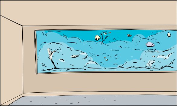 Cartoon of large aquarium tank in room