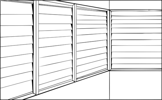 Outline of room with windows with closed blinds