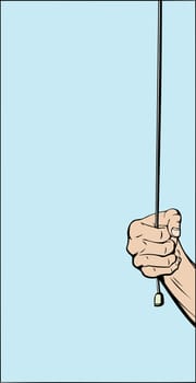 Illustration of hand pulling on cord over blue