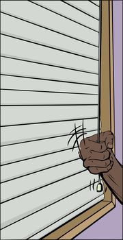 Illustration of single hand pulling horizontal blinds cord