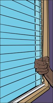 Illustration of hand pulling cord on open blinds