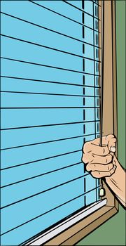 Cartoon of hand opening blinds over window