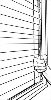 Outline of hand pulling cord on open blinds