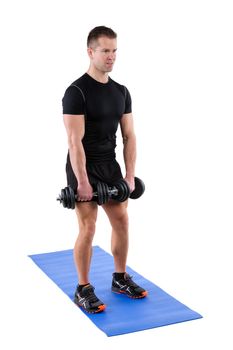 Young man shows starting position of Squats with dumbbels workout, isolated on white