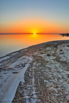 Beautiful sunrise on salt lake Chott el Djerid, Sahara desert, Tunisia, Africa, HDR