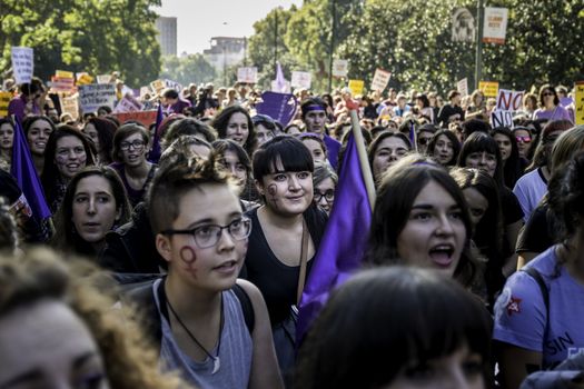 SPAIN, Madrid: Thousands of protesters from across Spain march through Madrid on November 7, 2015 in a rally against gender violence. In Spain, more than 1,390 women have reportedly been murdered by male attackers since 1995; this year, 84 cases involving the murder of women by men have been reported thus far.