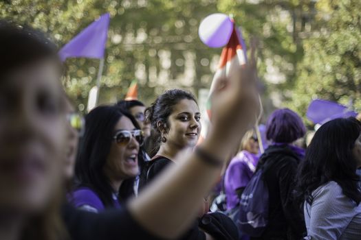 SPAIN, Madrid: Thousands of protesters from across Spain march through Madrid on November 7, 2015 in a rally against gender violence. In Spain, more than 1,390 women have reportedly been murdered by male attackers since 1995; this year, 84 cases involving the murder of women by men have been reported thus far.