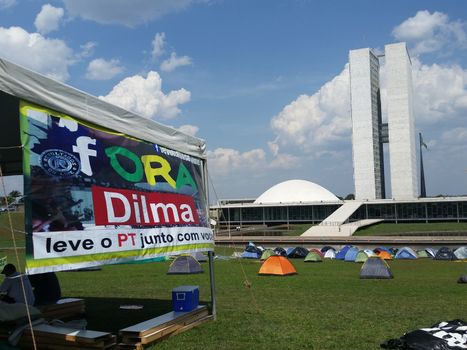 BRAZIL, Brasilia: Protesters camp out beside Brazil's National Congress in Brasilia on November 7, 2015 as part of the movement to impeach President Dilma Rousseff. Pressure has been mounting for congress to impeach Rousseff amid a struggling economy and corruption scandals.