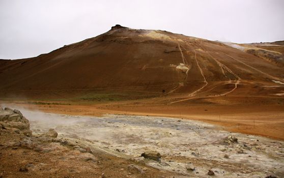 Hot river and coloured mount with small volcano,Iceland